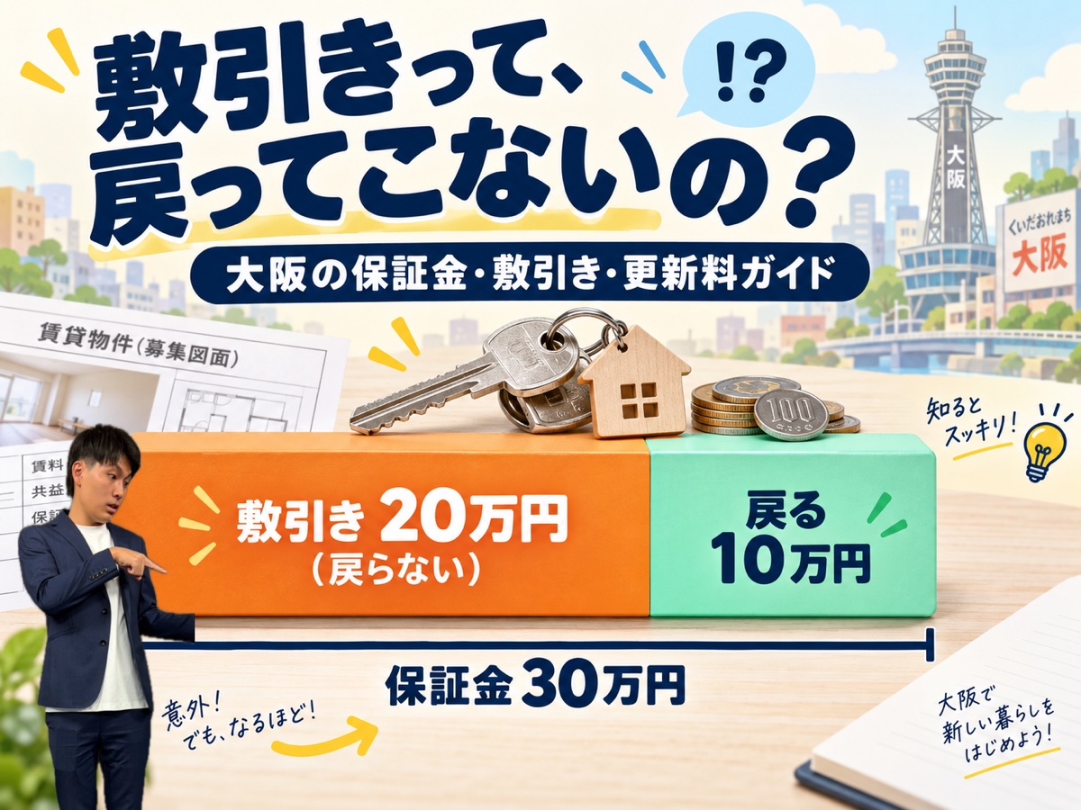 敷引きって、戻ってこないの？大阪の保証金・敷引き・更新料ガイド（保証金30万円のうち敷引き20万円・戻る10万円の図解とNICEROOM 奥田）